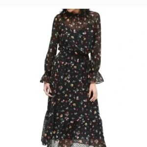 Banana Republic Black Clip dot Sheer Floral Chiffon Long Sleeve Dress Midi Sz 12